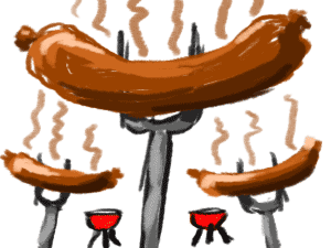 Imagem dos desenhos animados de cachorros-quentes no churrasco.