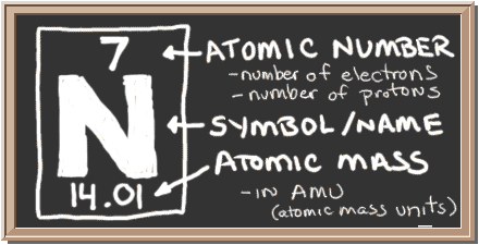 Chalkboard with description of periodic table notation for nitrogen.  There is a square with three values in it.  Top has atomic number, center has element symbol, and bottom has atomic mass value.  The atomic number equals number of protons and also the number of electrons in a neutral atom.  Atomic mass equals the mass of the entire atom.