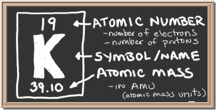 Chalkboard with description of periodic table notation for potassium.  There is a square with three values in it.  Top has atomic number, center has element symbol, and bottom has atomic mass value.  The atomic number equals number of protons and also the number of electrons in a neutral atom.  Atomic mass equals the mass of the entire atom.
